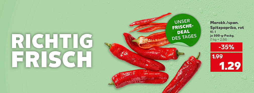 Marokk./span. Spitzpaprika, rot, Kl. I, je 500-g-Packg. für 1.29 Euro (1 kg = 2.58); Schriftzug: Richtig frisch; Störer: Unser Frische-Deal des Tages