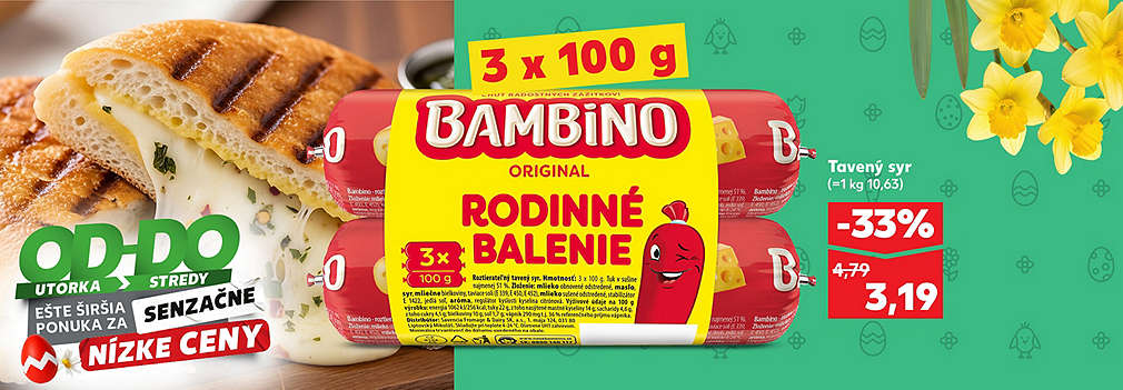 Doprajte rodine obľúbenú klasiku! Bambino tavený syr (rodinné balenie 3 × 100 g) kúpite teraz v Kauflande so zľavou -33 % len za 3,19 € (pôvodne 4,79 €). Akcia platí v rámci špeciálnej ponuky OD-DO