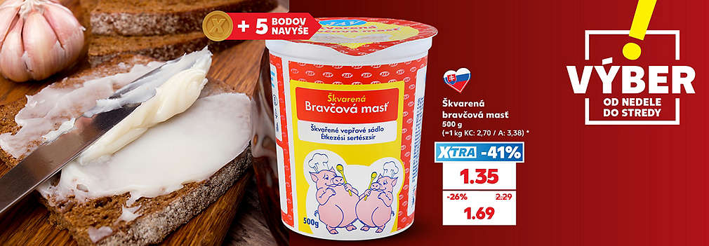 Pripravte si tradičné domáce dobroty! Poctivá slovenská Škvarená bravčová masť (500 g) vás čaká v Kauflande v špeciálnej akcii VÝBER od nedele do stredy. S výhodnou XTRA zľavou -41 % za ňu zaplatíte len 1,35 € (pôvodne 2,29 €). Akciová cena bez využitia dodatočnej zľavy je 1,69 € a k nákupu navyše získate +5 vernostných bodov!