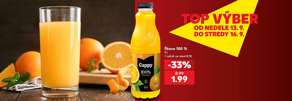 Doprajte si ranné osvieženie plné vitamínov! Obľúbená Cappy 100 % pomarančová šťava (1 l) na vás čaká v Kauflande v špeciálnej akcii TOP VÝBER od nedele do stredy. S výbornou zľavou -33 % za ňu zaplatíte len 1,99 € (pôvodne 2,99 €). (Cena nezahŕňa záloh za obal 0,15 €). Naštartujte svoj deň so skvelou chuťou ovocia a ušetrite!