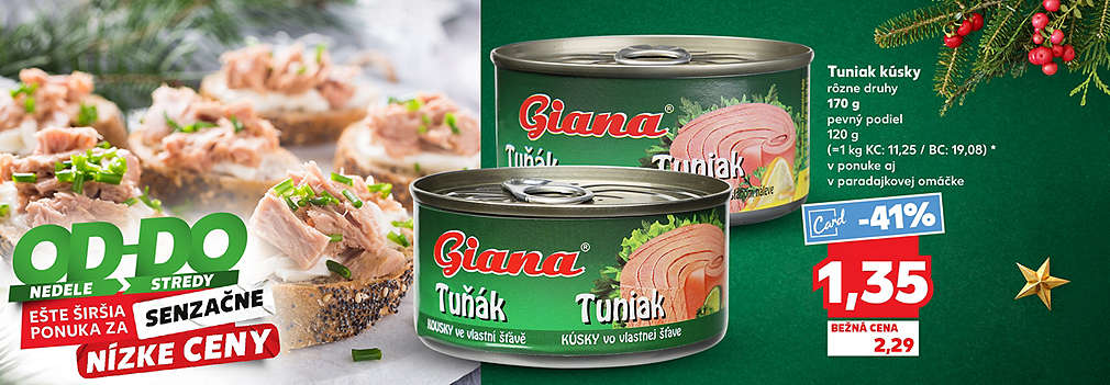 Kúpte si Tuniak kúsky Giana (170 g, rôzne druhy, aj v paradajkovej omáčke) so zľavou! S Kaufland Card získate zľavu -41% a cena je len 1,35 €. Bežná cena bola 2,29 €.