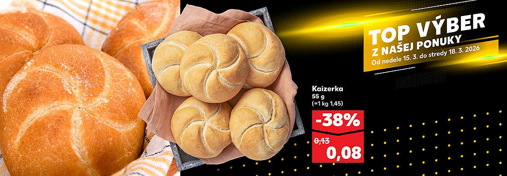 Čerstvé pečivo na váš stôl! Kaizerka (55 g) je teraz v Kauflande dostupná so skvelou zľavou -38 % za neuveriteľných 0,08 € (pôvodne 0,13 €). Akcia platí v rámci ponuky TOP VÝBER od nedele 15. 3. do stredy 18. 3. 2026.