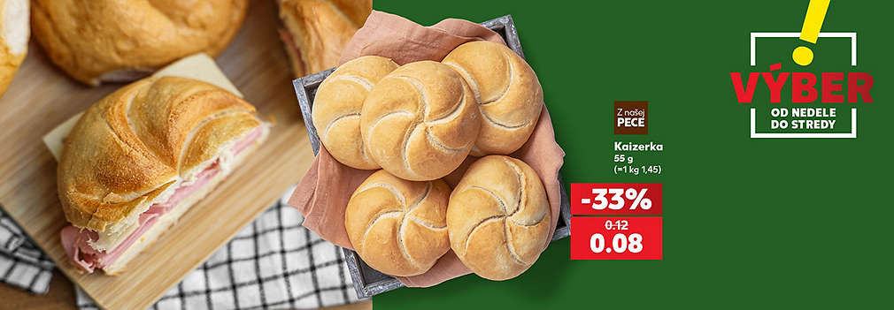 Vychutnajte si chrumkavé pečivo priamo z našej pece! Čerstvá Kaizerka (55 g) na vás čaká v Kauflande v špeciálnej akcii VÝBER od nedele do stredy. S výbornou zľavou -33 % za ňu zaplatíte len 0,08 € (pôvodne 0,12 €). Skvelá voľba na raňajky či desiatu.