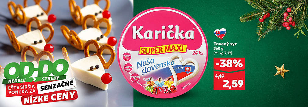 Kúpte si tavený syr Karička SUPER MAXI (24 ks, 360 g) so zľavou -38%! Obľúbená slovenská pochúťka je teraz len za 2,59 €, pôvodná cena bola 4,19 €. Tavený syr je obohatený o vápnik, proteíny a vitamín D.