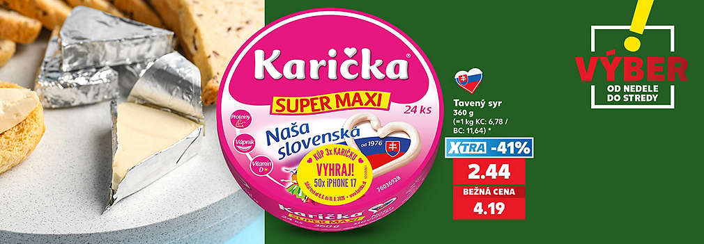 Pripravte si chutné raňajky či desiatu! Obľúbený Tavený syr Karička SUPER MAXI (360 g, 24 ks) kúpite v Kauflande v špeciálnej akcii VÝBER od nedele do stredy. S výhodnou XTRA zľavou -41 % zaň zaplatíte len 2,44 € (bežná cena 4,19 €). Vychutnajte si túto slovenskú klasiku za super cenu!