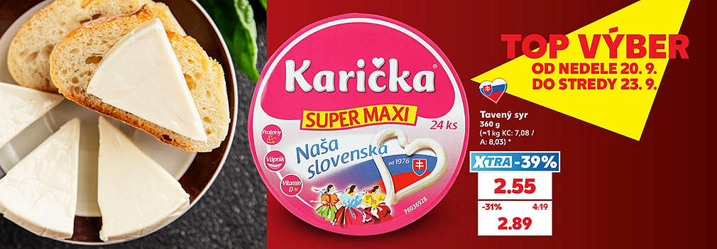 Pripravte si chutné raňajky alebo desiatu! Obľúbený slovenský Tavený syr Karička SUPER MAXI (24 ks, 360 g) na vás čaká v Kauflande v špeciálnej akcii TOP VÝBER od nedele do stredy. S výhodnou XTRA zľavou -39 % zaň zaplatíte len 2,55 € (pôvodne 4,19 €). Akciová cena bez využitia XTRA ponuky je 2,89 €. Urobte si rodinné zásoby tohto tradičného syra a ušetrite!