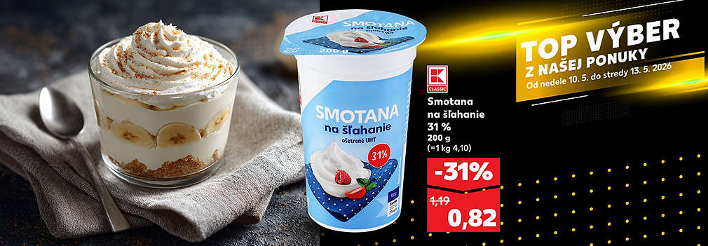 Pripravte si dokonalé dezerty! Smotana na šľahanie K-Classic (31 %, 200 g) je teraz v Kauflande dostupná so zľavou -31 % len za 0,82 €. Akcia platí v rámci ponuky TOP VÝBER od nedele 10. 5. do stredy 13. 5. 2026.