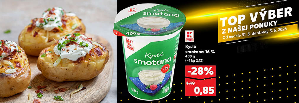 Skvelý základ do omáčok, šalátov aj na pečenie! Kyslá smotana K-Classic (16 % tuku, veľké 400 g balenie) je teraz v Kauflande dostupná so zľavou -28 % len za 0,85 € (pôvodne 1,19 €). Akcia platí v rámci ponuky TOP VÝBER od nedele 31. 5. do stredy 3. 6. 2026.