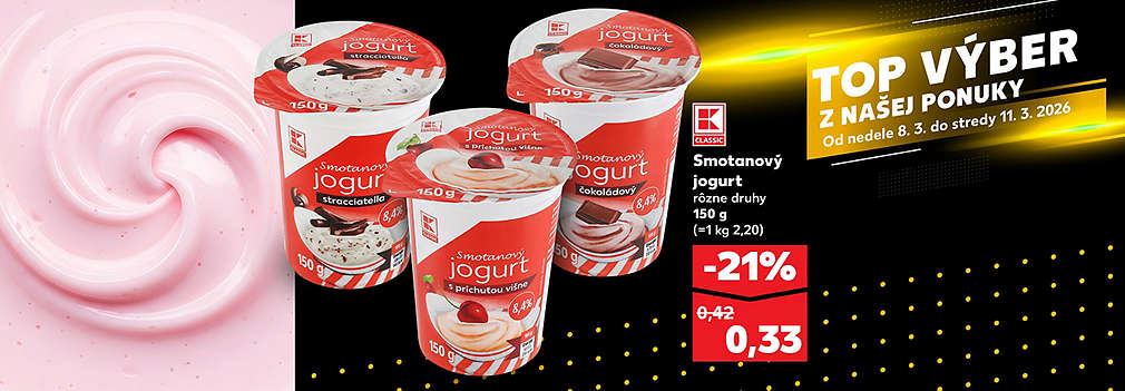 Vychutnajte si krémovú chuť! Smotanový jogurt K-Classic (150 g), rôzne druhy ako stracciatella, čokoláda či višňa, kúpite v Kauflande len za 0,33 €. Akcia platí v rámci ponuky TOP VÝBER od nedele 8. 3. do stredy 11. 3. 2026.
