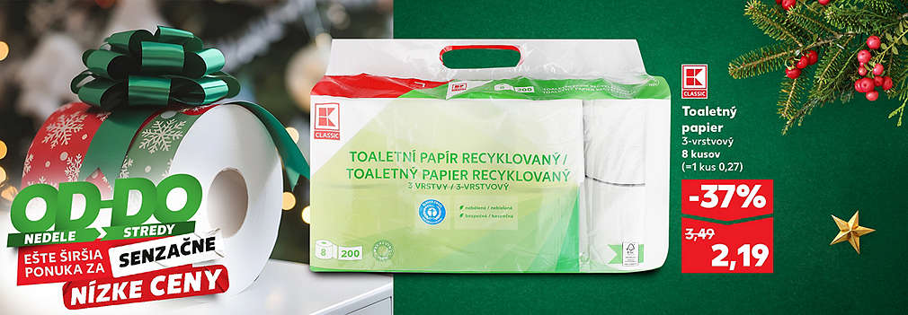 Kúpte si toaletný papier Classic recyklovaný, 3-vrstvový (8 kusov) so zľavou -37%! Balenie je teraz len za senzačnú cenu 2,19 €, pôvodne 3,49 €. Akcia platí od nedele do stredy v rámci ponuky "SENZAČNÉ NÍZKE CENY".