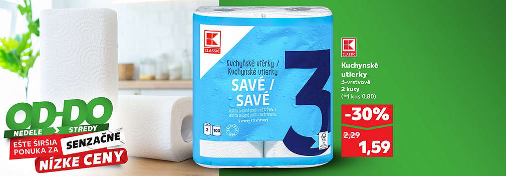 Využite senzačnú ponuku na kuchynské utierky Classic! 3-vrstvové utierky (2 kusy v balení) teraz kúpite so zľavou -30 % za skvelú cenu 1,59 € (pôvodne 2,29 €). Akcia platí v Kauflande od nedele do stredy.