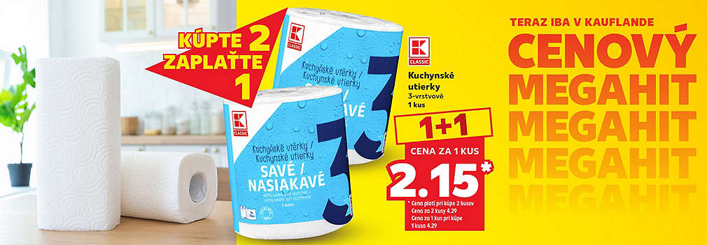 Zabezpečte si dokonalú čistotu v kuchyni! Praktické a savé K-Classic Kuchynské utierky (3-vrstvové, 1 kus) na vás čakajú v Kauflande ako Cenový MEGAHIT v skvelej akcii 1+1. Kúpte 2 kusy, zaplaťte len za jeden a cena za 1 kus vás vyjde len na 2,15 € (celková cena za 2 kusy je 4,29 €). Cena pri kúpe 1 kusa bez využitia akcie je 4,29 €. Udržujte svoju domácnosť v čistote a nakupujte šikovne!