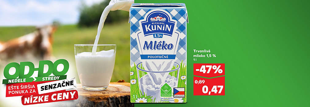 Využite výhodnú ponuku v Kauflande! Trvanlivé mlieko Kunín polotučné (1,5 %, 1 l) kúpite so skvelou zľavou -47 % za neuveriteľných 0,47 €. Akcia platí v krátkodobej ponuke od nedele do stredy.
