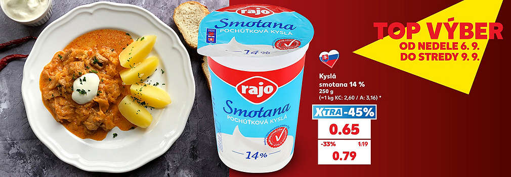 Vylepšite svoje obľúbené jedlá! Tradičná slovenská Rajo Kyslá smotana (14 %, 250 g) na vás čaká v Kauflande v špeciálnej akcii TOP VÝBER od nedele do stredy. S výhodnou XTRA zľavou -45 % za ňu zaplatíte len 0,65 € (pôvodne 1,19 €). Akciová cena bez využitia XTRA ponuky je 0,79 €. Skvelá prísada do varenia aj na pečenie!