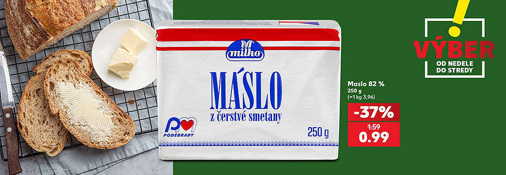 Vychutnajte si poctivú chuť! Tradičné Milko Maslo (82 %, 250 g) z čerstvej smotany nájdete v Kauflande v špeciálnej akcii VÝBER od nedele do stredy. So skvelou zľavou -37 % zaň zaplatíte len 0,99 € (pôvodne 1,59 €). Ideálne na čerstvý chlieb aj do vášho pečenia za super cenu!