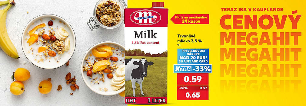 Urobte si zásoby mlieka do vašej domácnosti! Plnotučné Trvanlivé mlieko Mlekovita (3,5 %, 1 l) na vás čaká v Kauflande ako Cenový MEGAHIT. Pri celkovom nákupe nad 20 € s Kaufland Card získate výhodnú XTRA zľavu -33 % a zaplatíte len 0,59 € (pôvodne 0,89 €). Akciová cena bez využitia XTRA ponuky je 0,65 €. Akcia platí na maximálne 24 kusov.