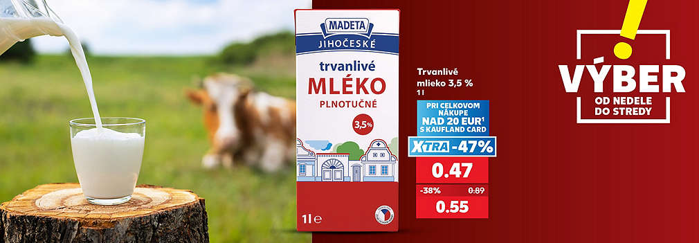 Urobte si zásoby poctivého mlieka! Madeta Jihočeské trvanlivé mlieko (plnotučné 3,5 %, 1 l) kúpite v Kauflande v špeciálnej akcii VÝBER od nedele do stredy. Pri celkovom nákupe nad 20 € s Kaufland Card získate výhodnú XTRA zľavu -47 % a zaplatíte len 0,47 € (pôvodne 0,89 €). Akciová cena bez využitia XTRA ponuky je 0,55 €.