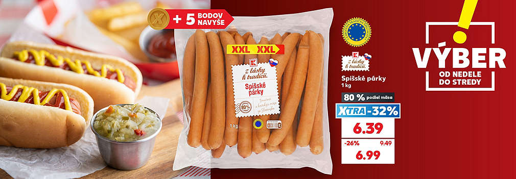 Pripravte si skvelé raňajky či rýchlu večeru! Poctivé Spišské párky Z lásky k tradícii (80 % podiel mäsa, 1 kg) kúpite v Kauflande v špeciálnej akcii VÝBER od nedele do stredy. S výhodnou XTRA zľavou -32 % za ne zaplatíte len 6,39 € (pôvodne 9,49 €). Akciová cena bez dodatočnej zľavy je 6,99 € a navyše získate k nákupu +5 vernostných bodov!