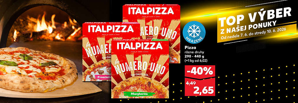 Doprajte si chuť pravej talianskej pizzerie u vás doma! Mrazená Italpizza La Numero Uno (290 – 440 g), rôzne druhy ako Margherita či Prosciutto & Funghi, je teraz v Kauflande dostupná so zľavou -40 % len za 2,65 € (pôvodne 4,49 €). Akcia platí v rámci ponuky TOP VÝBER od nedele 7. 6. do stredy 10. 6. 2026.