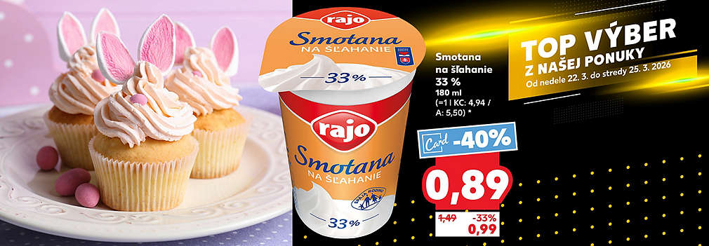 Pripravte tie najlepšie veľkonočné dezerty! Rajo Smotana na šľahanie (33 % tuku, 180 ml) kúpite v Kauflande so zľavou -40 % s Kaufland Card len za 0,89 €. Bežná akciová cena bez karty je 0,99 € (zľava -33 %). Akcia platí v ponuke TOP VÝBER od nedele 22. 3. do stredy 25. 3. 2026.