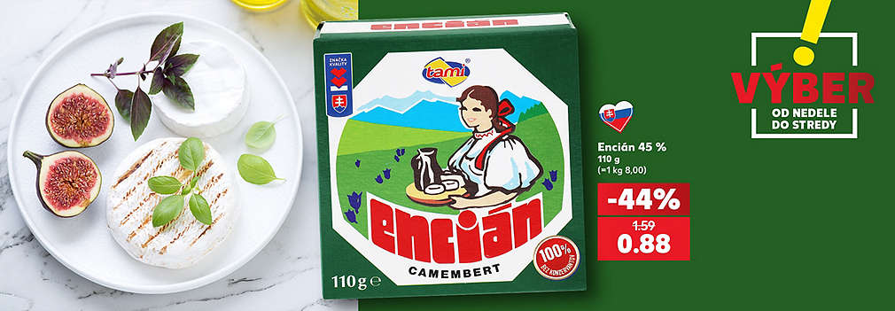Vychutnajte si lahodný syr s bielou plesňou! Slovenský TAMI Encián (45 %, 110 g) kúpite v Kauflande v špeciálnej akcii VÝBER od nedele do stredy. So skvelou zľavou -44 % zaň zaplatíte len 0,88 € (pôvodne 1,59 €). Ideálny na grilovanie či k vínu za super cenu!