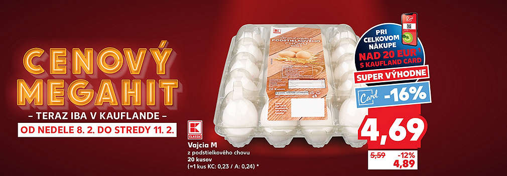 Nakúpte výhodne! Vajcia M z podstielkového chovu (20 kusov) sú teraz v Kauflande za super cenu 4,69 € s Kaufland Card pri nákupe nad 20 €. Akcia platí v rámci ponuky Cenový MEGAHIT od nedele 8. 2. do stredy 11. 2.