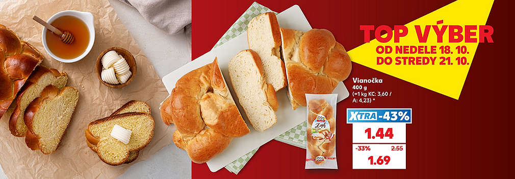 Pripravte si dokonalé sladké raňajky! Vláčna a chutná Vianočka (400 g) na vás čaká v Kauflande v špeciálnej akcii TOP VÝBER od nedele 18. 10. do stredy 21. 10. S výhodnou XTRA zľavou -43 % za ňu zaplatíte len 1,44 € (pôvodne 2,55 €). Akciová cena bez využitia XTRA ponuky je 1,69 €. Spríjemnite si ráno a ušetrite pri nákupe!