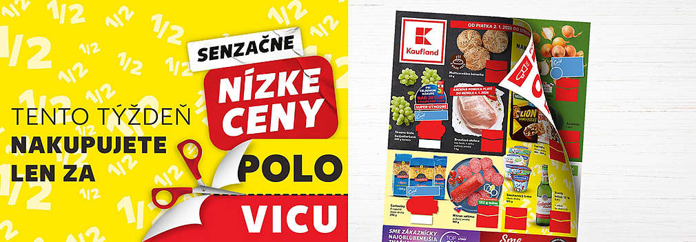 Objavte nový leták Kaufland, platný od piatka 2. 1. 2026! Využite SENZAČNE NÍZKE CENY a nakupujte vybrané produkty len za polovicu. V ponuke nájdete skvelé zľavy na bravčové stehno, hrozno, cestoviny, salámy a mnoho ďalšieho.