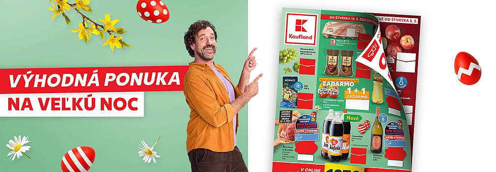 Pripravte sa na najväčšie sviatky jari! Prezrite si aktuálny leták Kaufland platný od štvrtka 19. 3. 2026. Využite akciu 1+1 zadarmo na Kinder vajíčka, nakúpte výhodne filety Nowaco, hrozno, vajíčka či Kofolu a užite si bohatú Veľkú noc.