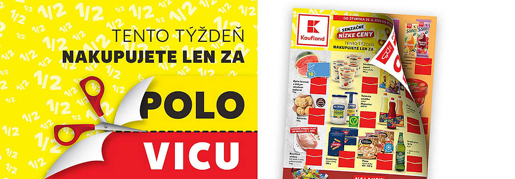 Objavte "Senzačne nízke ceny" v novom letáku Kaufland! Od štvrtka 25. 6. 2026 štartuje akcia, v ktorej tento týždeň nakupujete vybrané produkty len za polovicu. Prelistujte si lákavú ponuku zliav na čerstvé ovocie, mäso, mliečne výrobky a obľúbené značky.