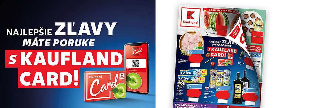 Obrázok zobrazuje leták Kaufland Card s rôznymi zľavnenými produktmi a informáciami o Kaufland Card.