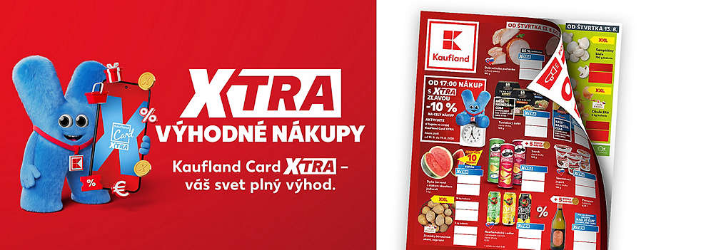Prelistujte si najnovší leták Kaufland platný od štvrtka 13. 8.! Vstúpte do sveta plného výhod s Kaufland Card XTRA. Čakajú na vás XTRA výhodné nákupy, fantastická zľava -10 % na celý nákup od 17:00 hod., ako aj super ceny na výhodné XXL balenia, čerstvé ovocie, zeleninu a ďalšie obľúbené produkty. Ušetrite pri každom nákupe!