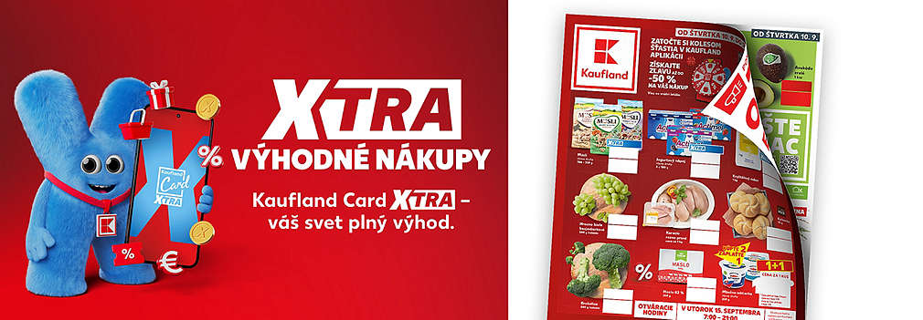 Prelistujte si najnovší leták Kaufland platný od štvrtka 10. 9.! Objavte svet plný výhod s Kaufland Card a užite si XTRA výhodné nákupy. Zatočte si Kolesom šťastia v našej aplikácii, hrajte o zľavu až do -50 % na váš nákup a ušetrite pri kúpe obľúbených produktov!