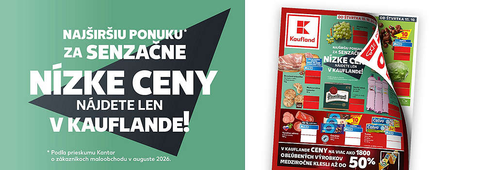 Prelistujte si najnovší leták Kaufland platný od štvrtka 15. 10.! Najširšiu ponuku za senzačne nízke ceny nájdete len u nás. Ceny na viac ako 1800 obľúbených výrobkov medziročne klesli až do 50 %. Objavte stovky zlacnených produktov, nakúpte všetko pre vašu domácnosť mimoriadne výhodne a ušetrite pri každom nákupe!