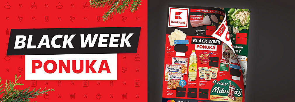 rezrite si aktuálny leták Kaufland, platný od 27. 11. 2025! Objavte špeciálnu BLACK WEEK PONUKU a SENZAČNÉ NÍZKE CENY na stovky produktov. Nájdete v ňom zľavy na mäso, syry, olej, pizzu Ristorante a mikulášske sladkosti.