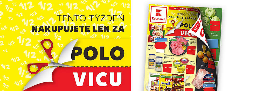 Šetrite s Kauflandom! Prezrite si aktuálny leták platný od štvrtka 26. 2. 2026. Využite akciu „Za polovicu“ na obľúbené produkty: croissanty 7Days, majonézy Hellmann's, nátierky, cereálie Nestlé a ďalšie skvelé ponuky.