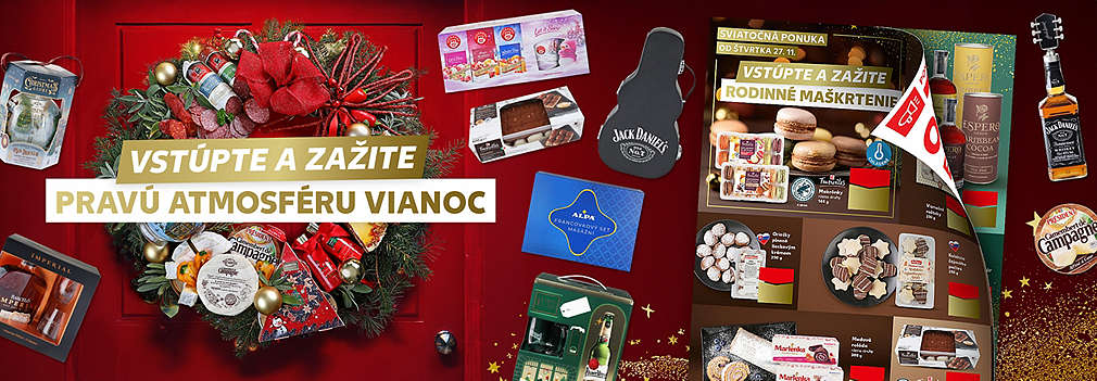 Vstúpte a zažite PRAVÚ ATMOSFÉRU VIANOC s Kauflandom! Objavte SVIATOČNÚ PONUKU a zažite RODINNÉ MAŠKRTENIE s luxusnými bonboniérami, vianočným pečivom, alkoholickými darčekovými sadami (napr. Jack Daniel's) a špeciálnymi syrmi (napr. Camembert). Leták platí od 27. 11. 2025.