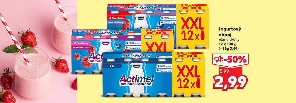 Podporte svoju imunitu výhodne! Jogurtový nápoj Actimel (XXL balenie 12 x 100 g), rôzne druhy, kúpite v Kauflande so zľavou -50 % za skvelú cenu 2,99 € (pôvodne 5,99 €). Akcia platí v rámci narodeninových osláv Kaufland Card.