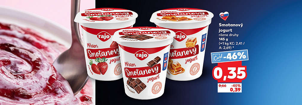 Doprajte si obľúbenú slovenskú pochúťku! Rajo Mňam smotanový jogurt (145 g, rôzne druhy) kúpite v Kauflande so zľavou -46 % s Kaufland Card len za 0,35 €. Bežná akciová cena bez karty je 0,39 € (zľava -40 %). Pôvodná cena 0,66 €.