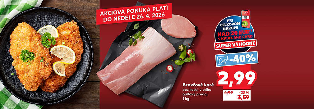 Pripravte si chutný nedeľný obed! Bravčové karé bez kosti (v celku, 1 kg) kúpite v Kauflande so zľavou -40 % s Kaufland Card len za 2,99 € (pri nákupe nad 20 €). Bežná akciová cena bez karty je 3,59 €. Kvalitné mäso z pultového predaja.