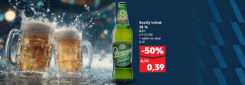 Fandite našim s poriadnym osviežením! Svetlý ležiak Staropramen Smíchov (10 %, 0,5 l fľaša) kúpite teraz v Kauflande za polovicu. Len za 0,39 € (pôvodne 0,79 €) v rámci špeciálnej hokejovej ponuky pre KW20. + záloh za obal 0,13 €.