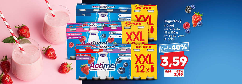 Podporte svoju imunitu s rodinným balením! Jogurtový nápoj Actimel XXL (12 x 100 g), rôzne druhy, kúpite teraz v Kauflande so skvelou zľavou -40 % s Kaufland Card len za 3,59 € (pôvodne 5,99 €). Bežná akciová cena bez karty je 3,99 €. Výhodná ponuka pre týždeň KW23!