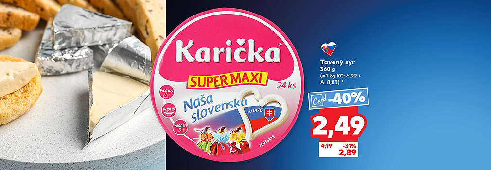 Doprajte si slovenskú klasiku! Karička tavený syr (Super Maxi balenie, 360 g) kúpite v Kauflande so zľavou -40 % s Kaufland Card len za 2,49 €. Bežná akciová cena bez vernostnej karty je 2,89 €.