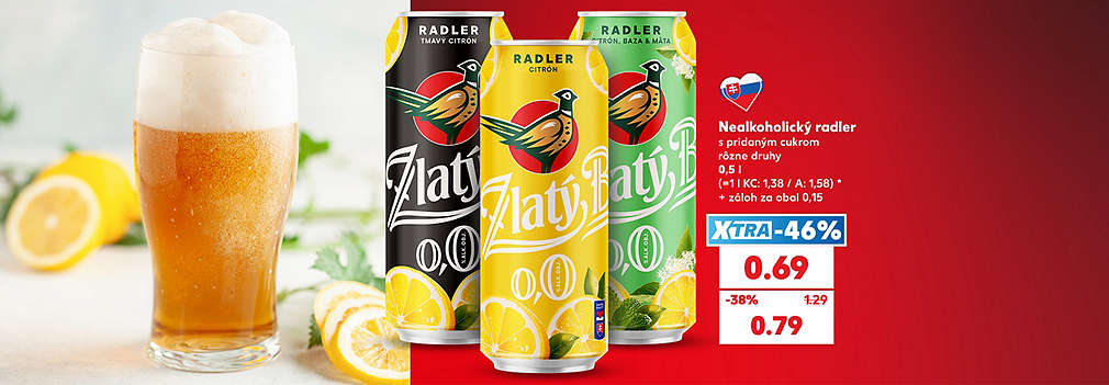 Ideálne letné osvieženie bez alkoholu! Zlatý Bažant Nealkoholický radler (rôzne druhy, 0,5 l) kúpite v Kauflande s výhodnou XTRA zľavou -46 % len za 0,69 € (pôvodne 1,29 €). Akciová cena bez dodatočnej zľavy je 0,79 €. K cene sa pripočítava záloh za obal 0,15 €.