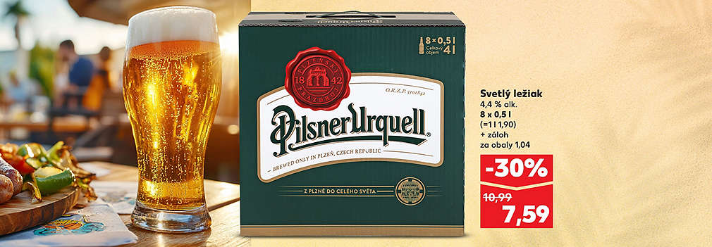 Vychutnajte si pravé letné osvieženie s priateľmi! Svetlý ležiak Pilsner Urquell (4,4 % alk.) v praktickom multibalení 8 x 0,5 l kúpite teraz v Kauflande so skvelou zľavou -30 % len za 7,59 € (pôvodne 10,99 €). Cena za 1 liter je len 1,90 €. Ponuka platí pre štartujúcu letnú kampaň v týždni KW24. (+ záloh za obaly 1,04 €).