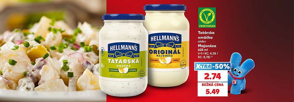 Pripravte si dokonalý zemiakový šalát! Obľúbená Hellmann's Tatárska omáčka alebo Majonéza (625 ml) na vás čaká v Kauflande za polovicu. S parádnou XTRA zľavou -50 % za ňu zaplatíte len 2,74 € (bežná cena 5,49 €). Skvelá chuť pre vaše letné špeciality!