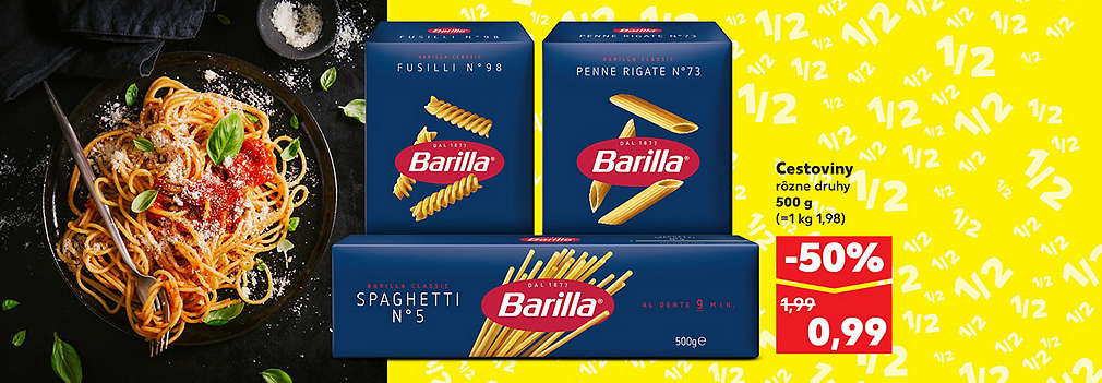 Vychutnajte si pravú taliansku chuť za polovicu! Cestoviny Barilla (500 g), rôzne druhy ako Spaghetti, Penne či Fusilli, kúpite teraz v Kauflande so zľavou -50 % len za 0,99 €. Pôvodná cena 1,99 €. Akcia platí v rámci kampane „Tento týždeň nakupujete len za polovicu“.
