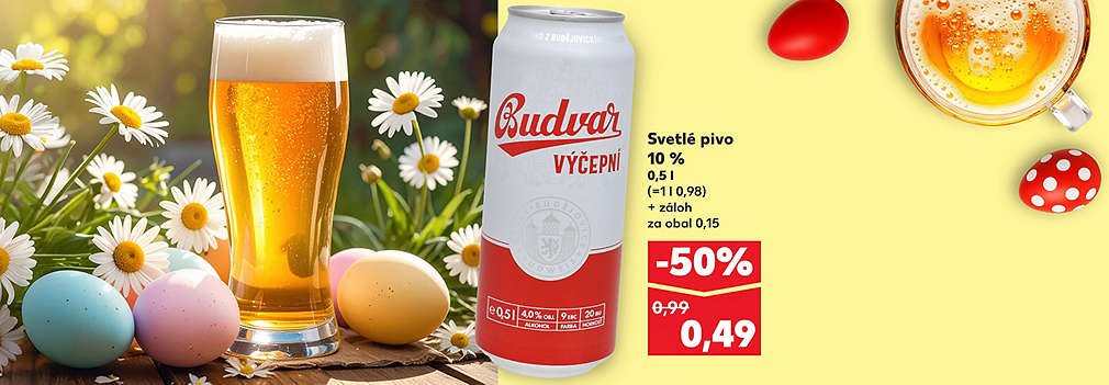 Osviežte sa počas veľkonočných sviatkov! Budvar Svetlé pivo 10 % (0,5 l plechovka) kúpite teraz v Kauflande so zľavou -50 % len za 0,49 € (pôvodne 0,99 €). Akcia platí v rámci ponuky „Tento týždeň nakupujete len za polovicu“.