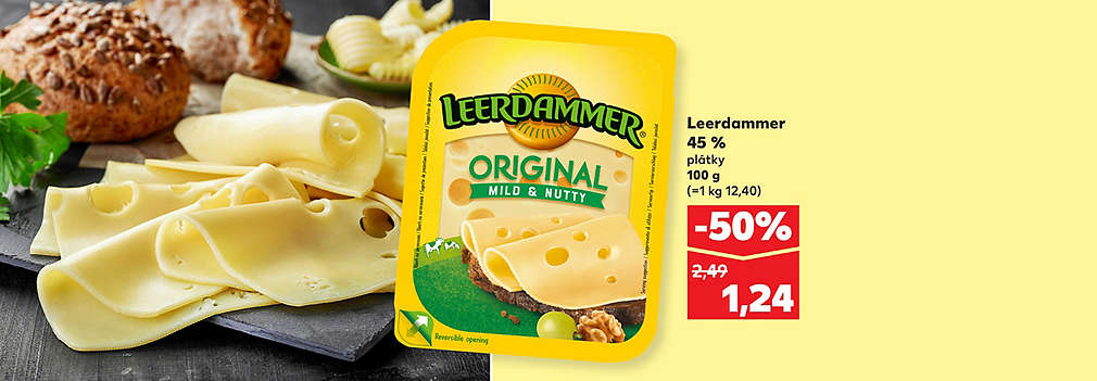 Doprajte si lahodnú orieškovú chuť obľúbeného syra! Leerdammer Original (plátky, 45 % tuku, 100 g) kúpite teraz v Kauflande s parádnou zľavou -50 % iba za 1,24 € (pôvodne 2,49 €). Ideálny do chrumkavých toastov v rámci týždňa KW22.
