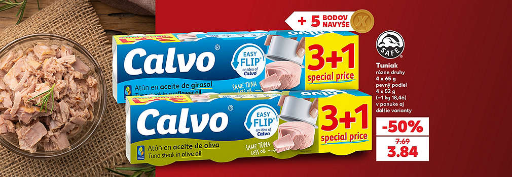 Doplňte si zásoby kvalitných rýb! Obľúbený Tuniak Calvo (rôzne druhy, výhodné balenie 3+1, 4 x 65 g) na vás čaká v Kauflande za polovicu. S parádnou zľavou -50 % zaň zaplatíte len 3,84 € (pôvodne 7,69 €). Navyše k nákupu získate +5 vernostných bodov!